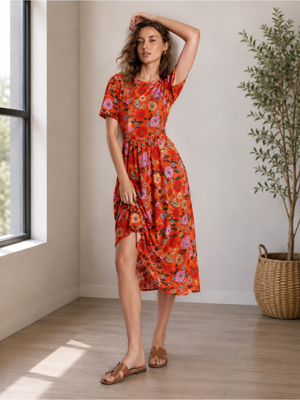 Boden Bright Floral Midi Dress Orange Pink Retro Bloom Dress Size US 0